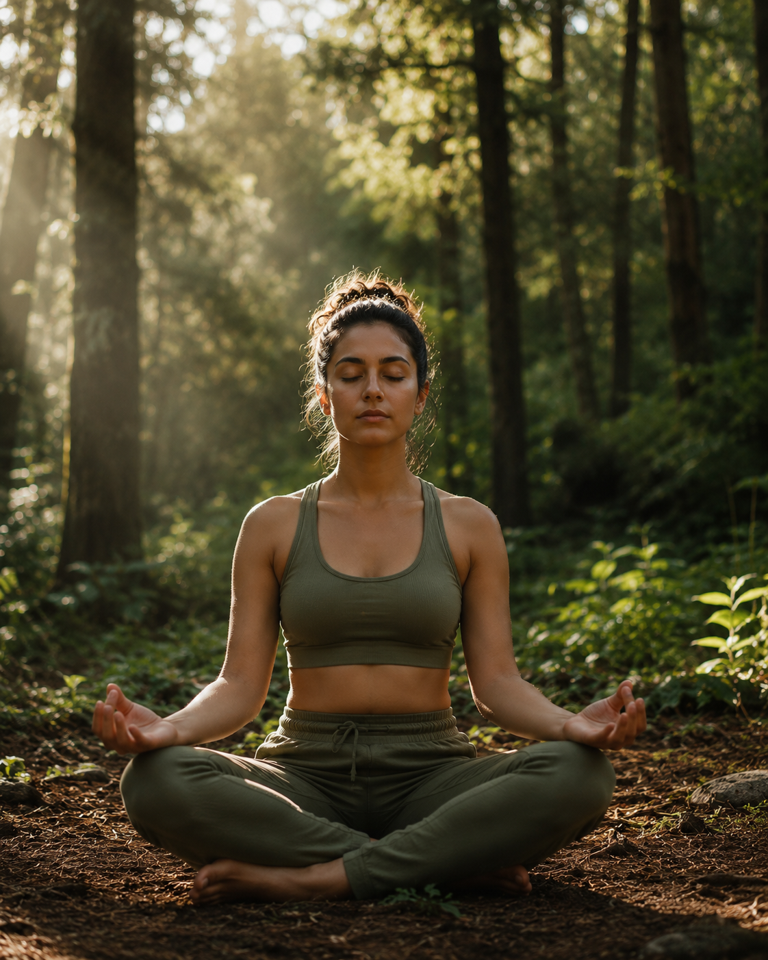 Woman meditating in a forest